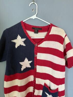T & Company Red White Blue Stars Stripes Knit Cardigan Womens Size M Read